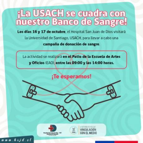 Hospital San Juan de Dios inicia campaña de donación de sangre el próximo 16 y 17 de octubre en la USACH